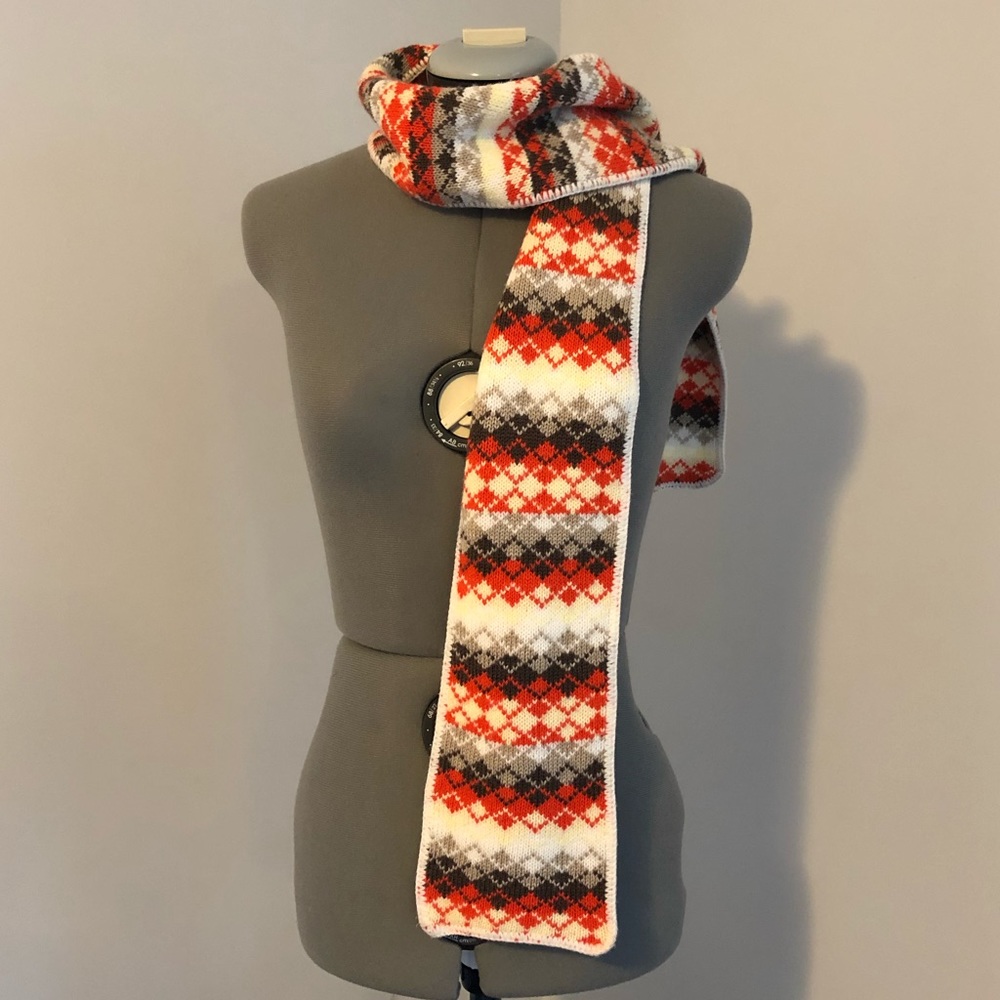 Argyle scarf fall colors orange brown cream gray